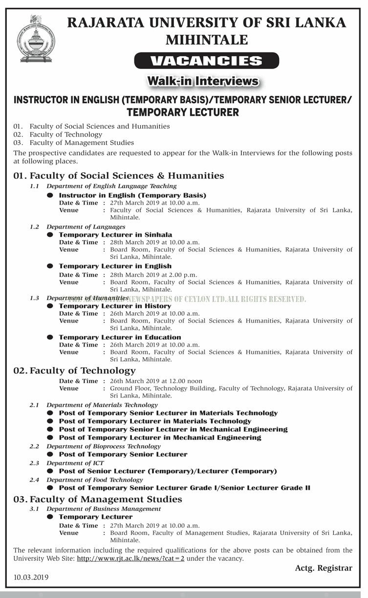 Instructor in English, Temporary Senior Lecturer, Temporary Lecturer - Rajarata University of Sri Lanka